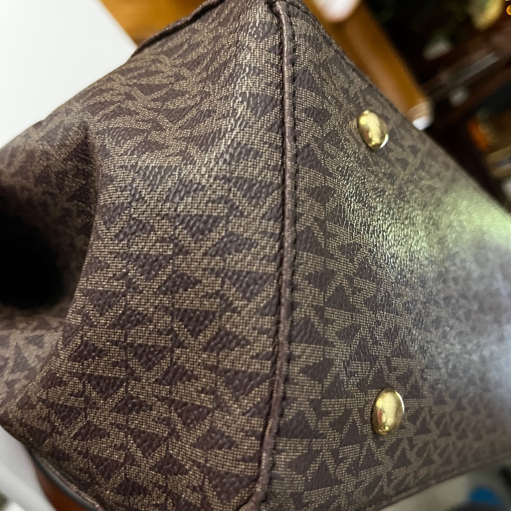 Michael Kors Dark Brown Logo Tote with Gold Chain Accents 13” x 10” X 5” - Picture 9 of 16